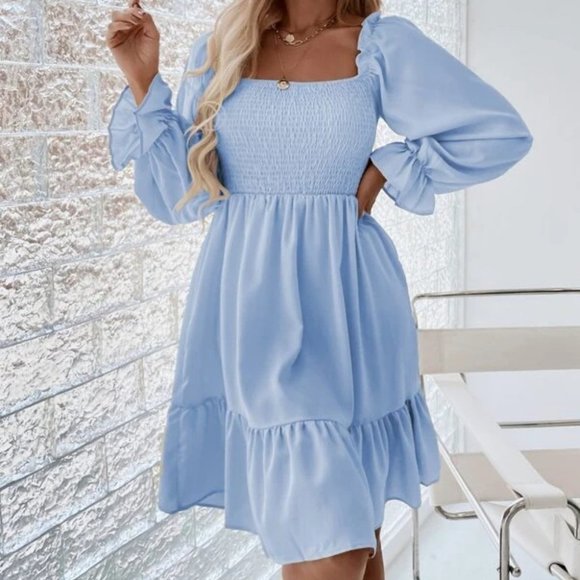 Shirred Bodice Flounce Sleeve Ruffle Hem Dress BLUE - Picture 2 of 7